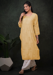 Mul Chikankari Long Kurti - Parmesan Yellow