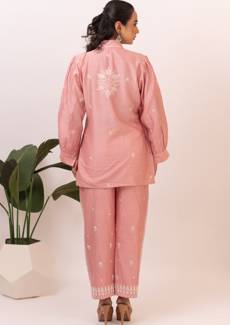 Chanderi chikankari coord set - salmon pink