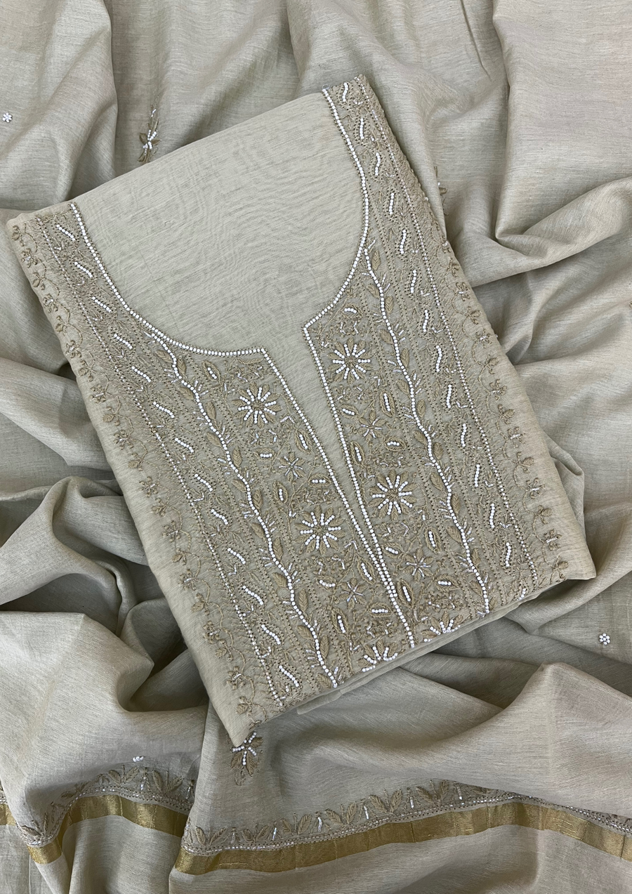 Linen Chikankari Unstitched 2Pc Suit - Beige