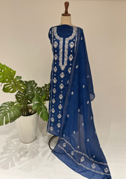 Mul Chanderi Chikankari unstitched Suit - Navy Blue