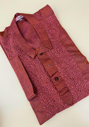 Linen Chikankari Stitched Mens Kurta- Rust