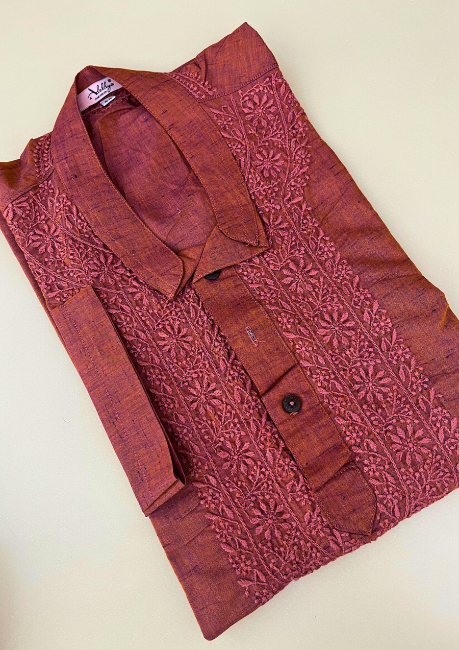 Linen Chikankari Stitched Mens Kurta- Rust