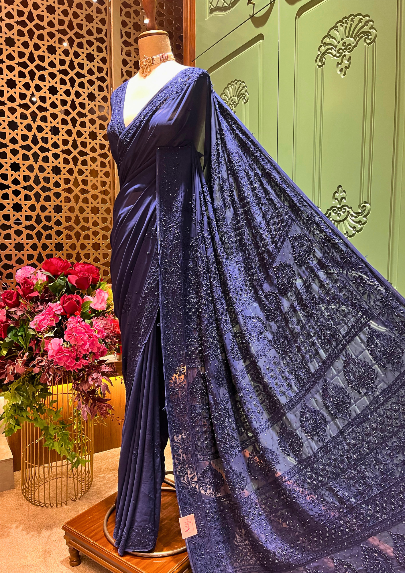 Chikankari Viscose Saree - Midnight Blue