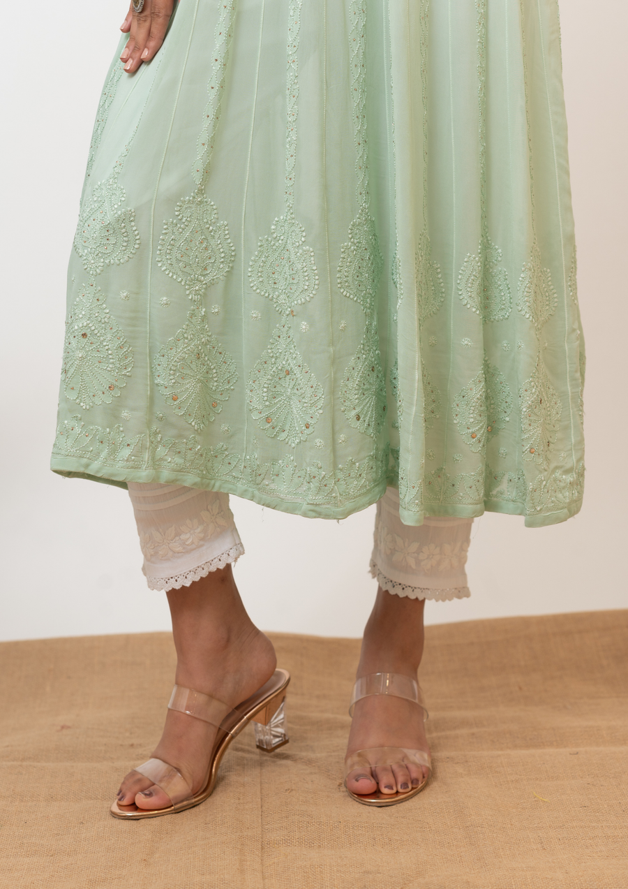 Georgette Chikankari A-line Kurta - Ombre Green