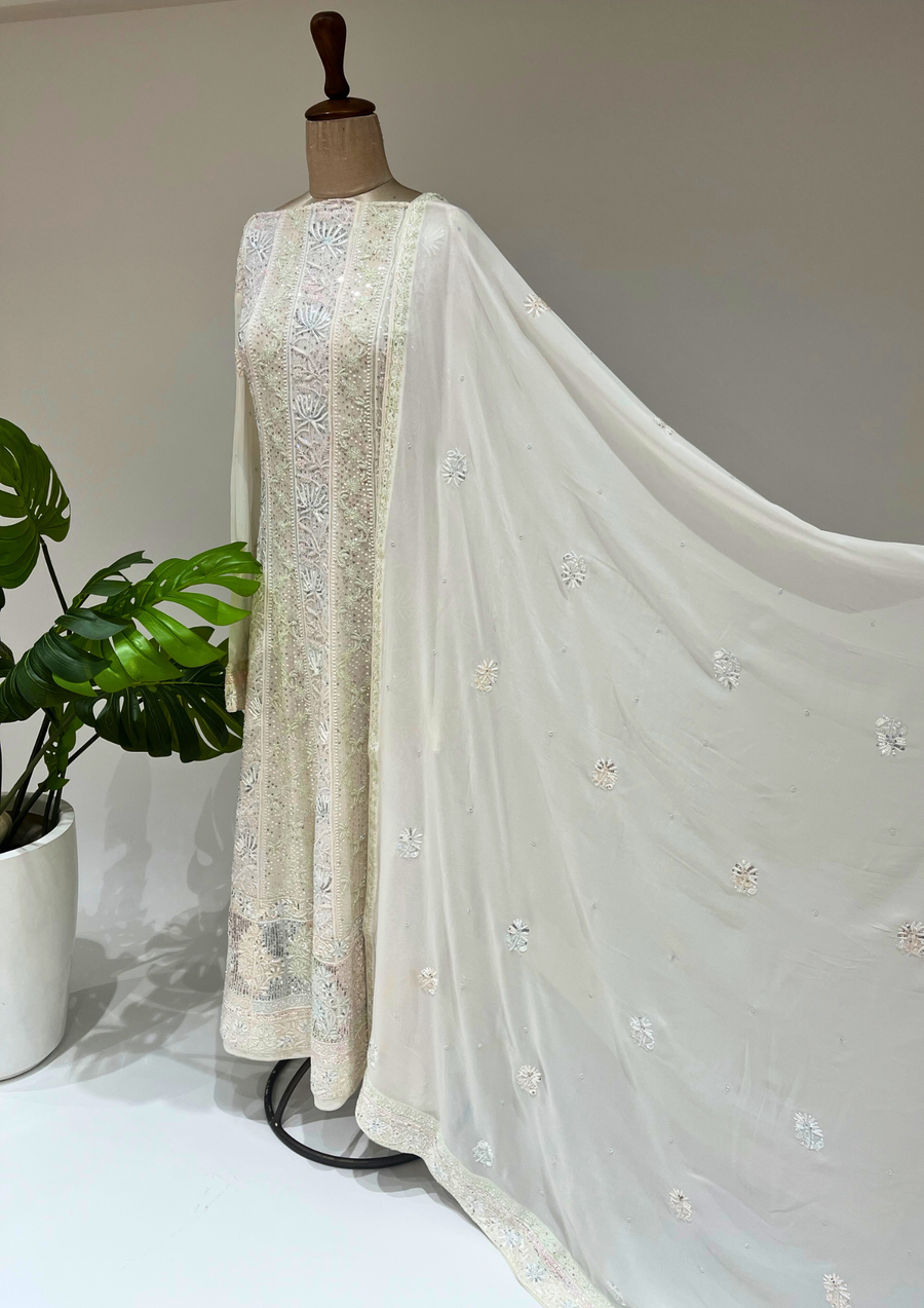 Pure Georgette Semistitched Chikankari Anarkali  - White