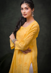 Mul Chikankari Long Kurti - Sunshine Yellow