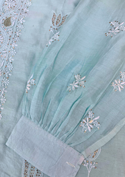 Chikankari Semistitched Chanderi Co-ord Set - Aqua Blue
