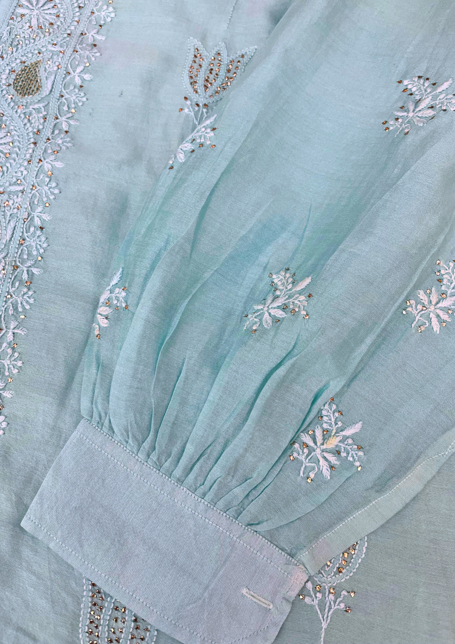Chikankari Semistitched Chanderi Co-ord Set - Aqua Blue