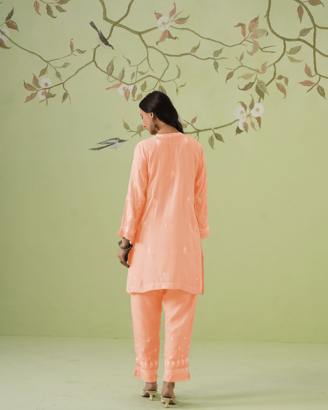 Muslin Chikankari Co-ord Set - Peach Pearl