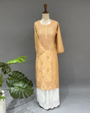 Chanderi Chikankari Long Kurti - Golden Peach