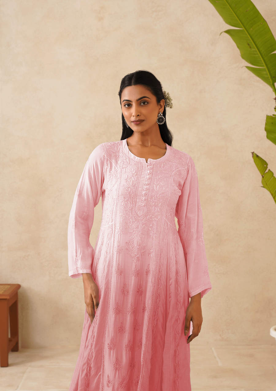Muslin Chikankari A-line Long Kurti- Ombre Pink Cosmos