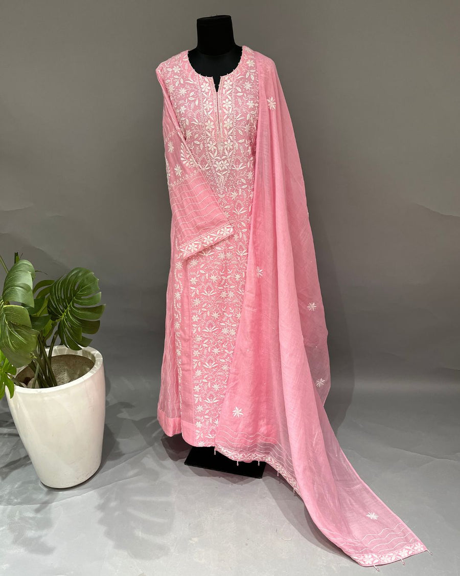 Mul Chanderi Chikankari Stitch Anarkali Set- Bubblegum Pink