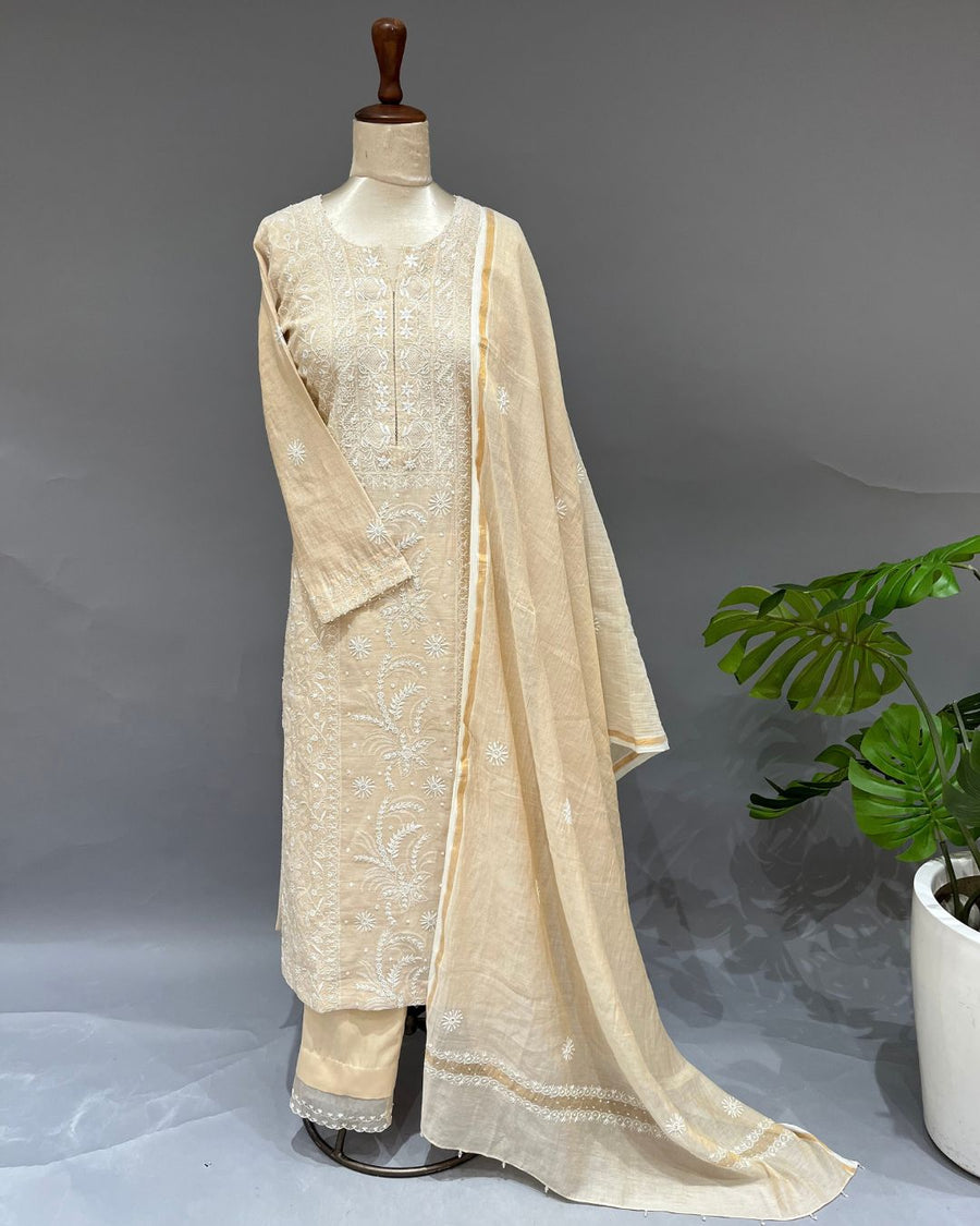 Golden Tissue Chikankari 3pc Stitched Suit - Golden