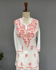 Cotton Chikankari Short Kurti - White & Red