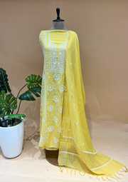 Chikankari Mul Chanderi Unstitched 2pc Suit - Sunshine Yellow