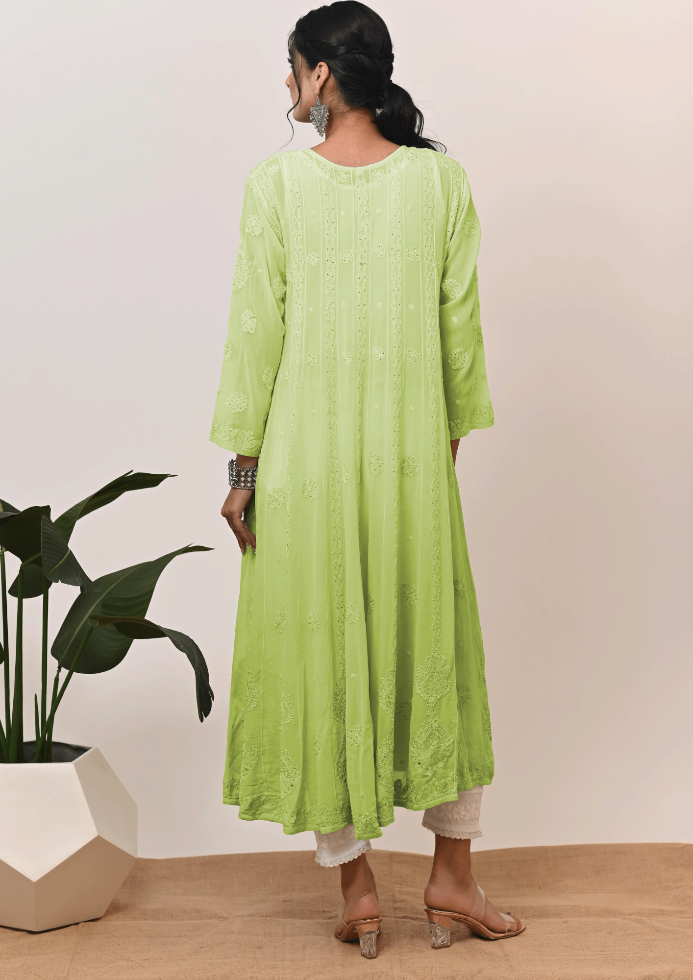 Georgette Anarkali Chikankari Kurta- Ombre Lime Green