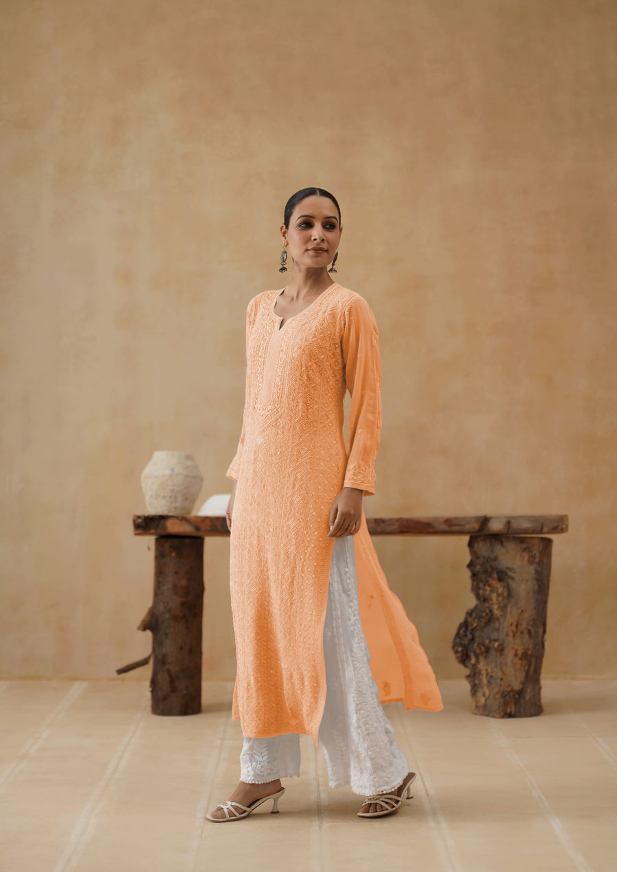 Georgette Chikankari Long Kurti - Peach