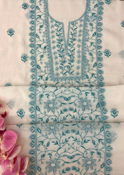 Chikankari Mul Chanderi Unstitched 2pc Suit - White and Blue