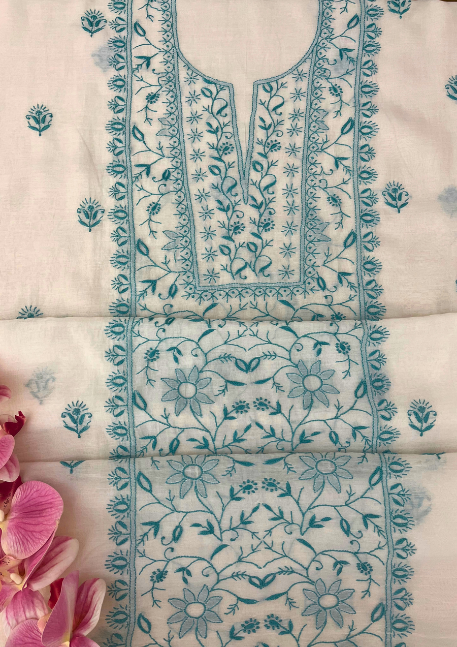 Chikankari Mul Chanderi Unstitched 2pc Suit - White and Blue