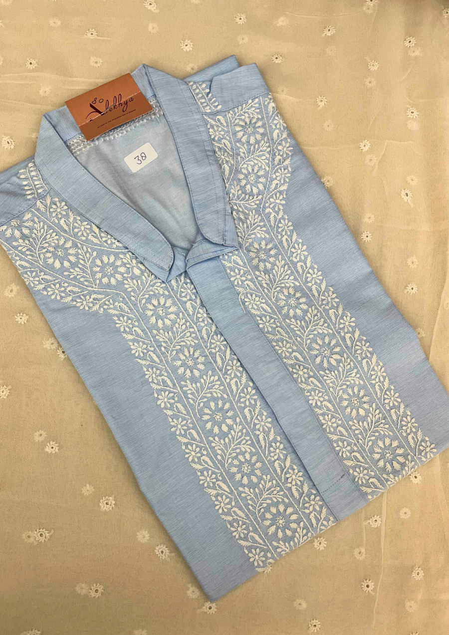 Cotton Chikankari Stitched Mens Kurta - Powder Blue