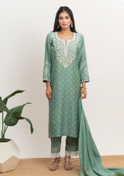 Women's Handcrafted Mul Chanderi Chikankari Kurta, Dupatta And Pant Set - English Green