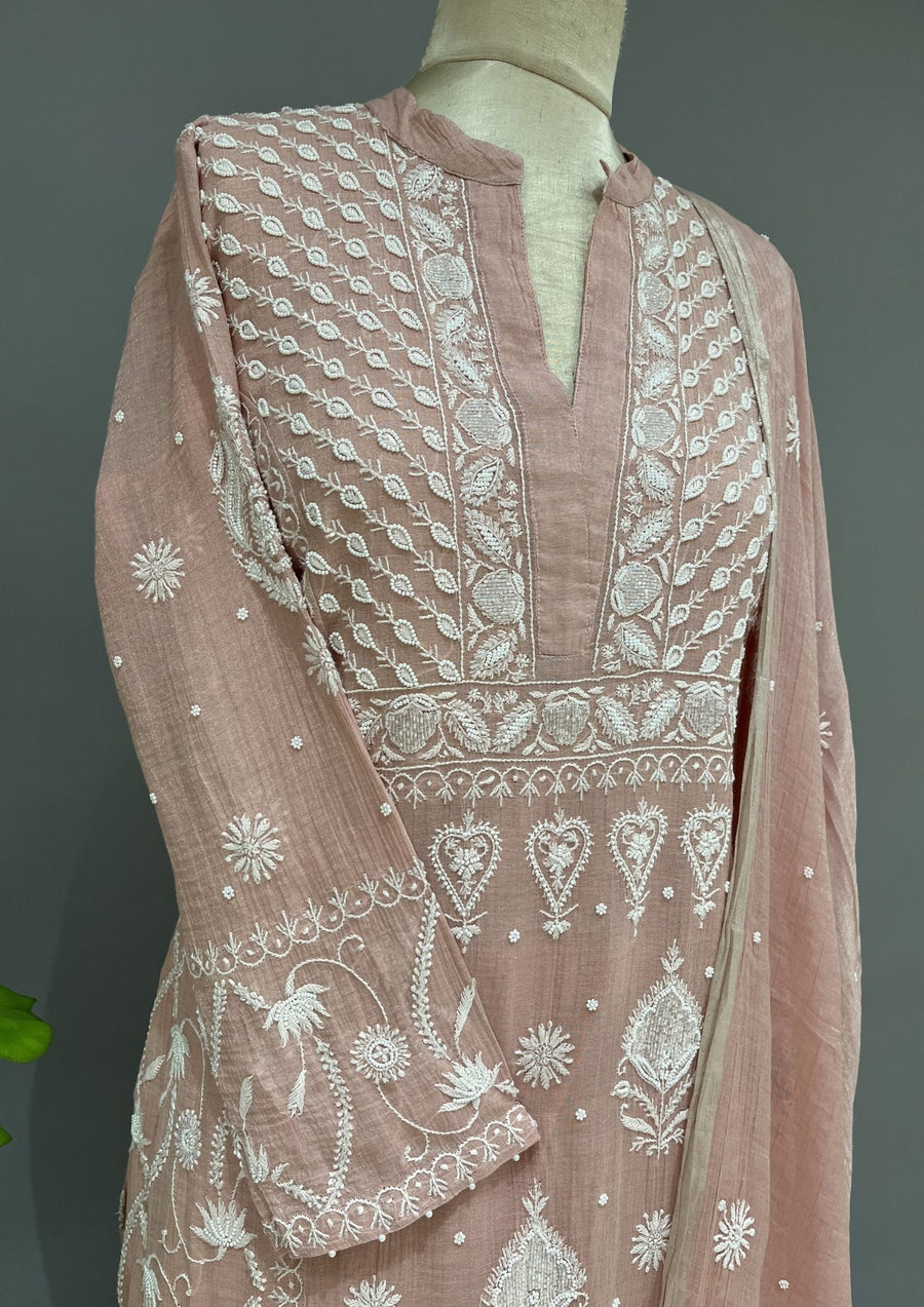 Tissue Chikankari Stitch 3pc Suit Set - Pale Pink