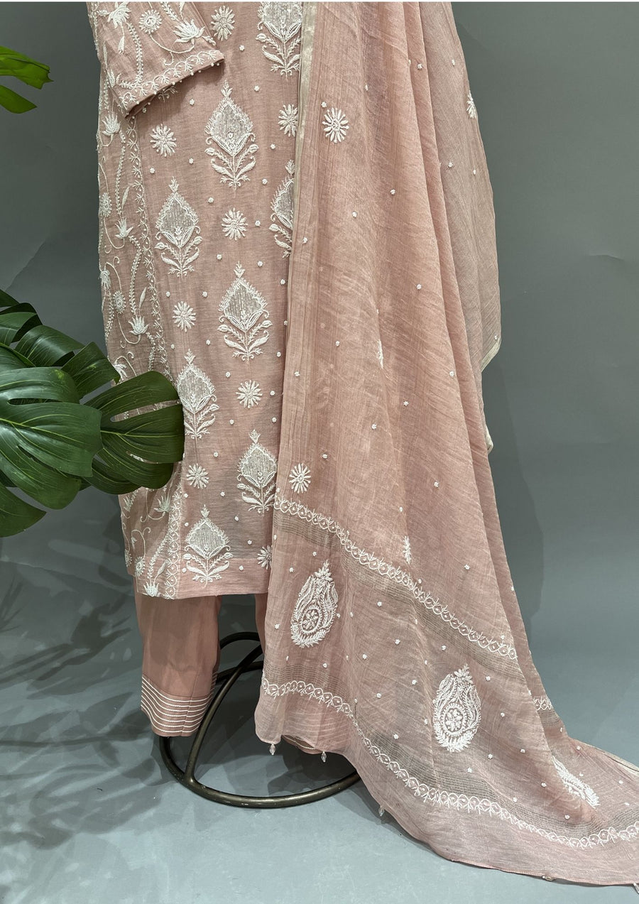 Tissue Chikankari Stitch 3pc Suit Set - Pale Pink