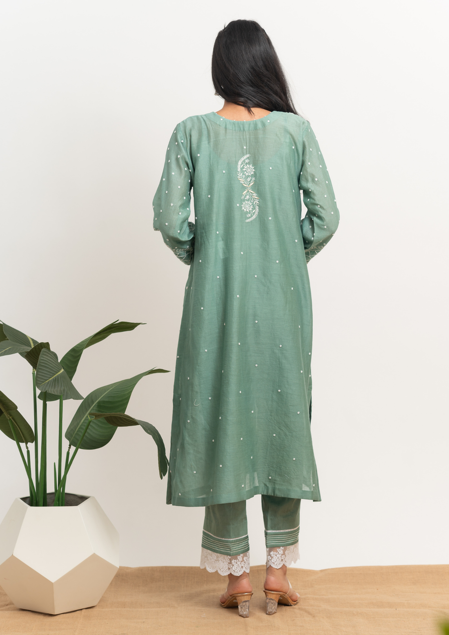 Women's Handcrafted Mul Chanderi Chikankari Kurta, Dupatta And Pant Set - English Green