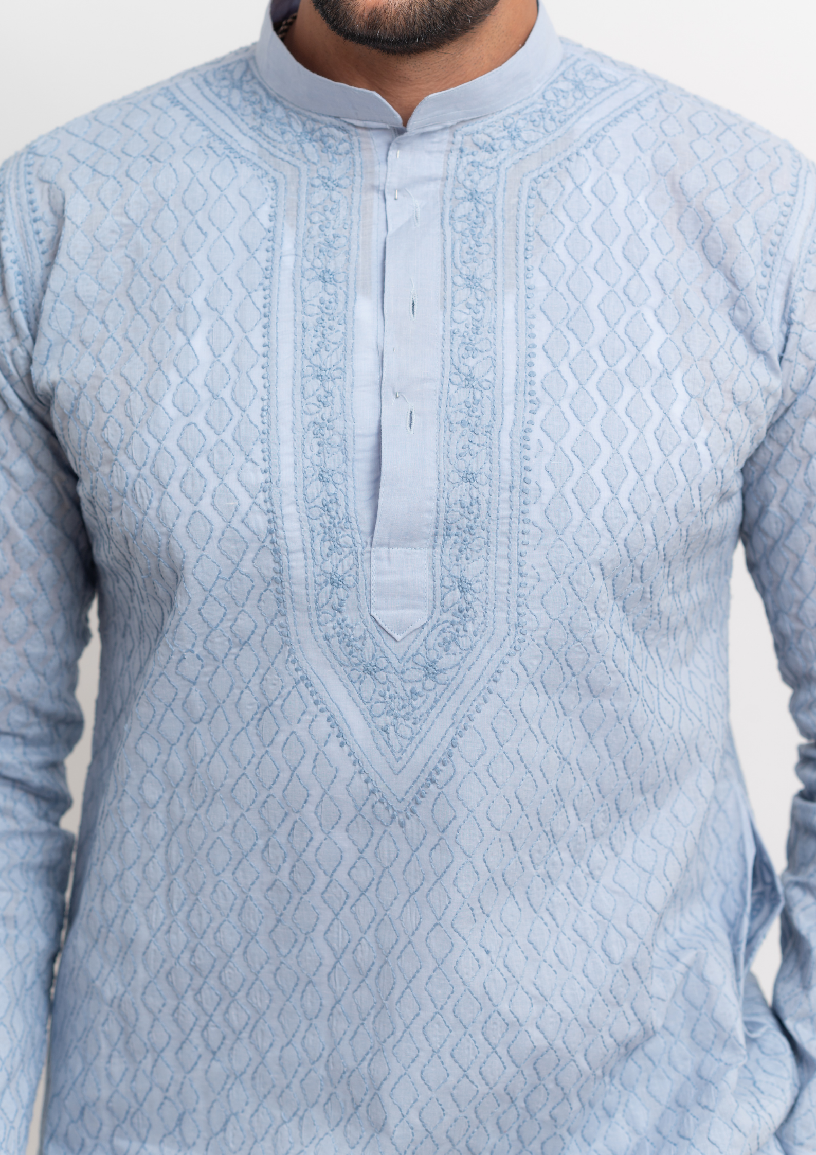 Cotton Chikankari Mens Kurta - Grey