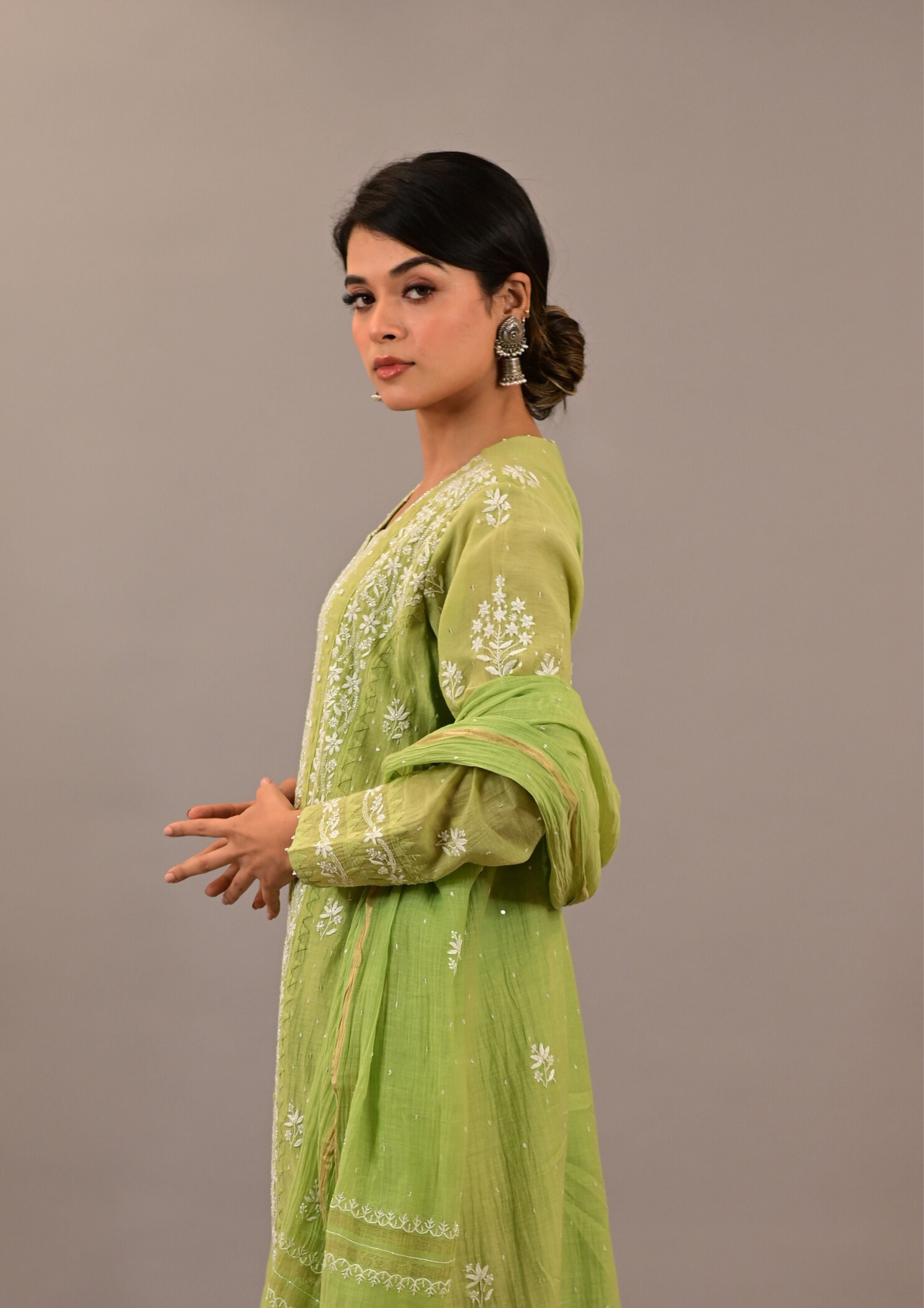 Vibrant Green Mul Chanderi Suit