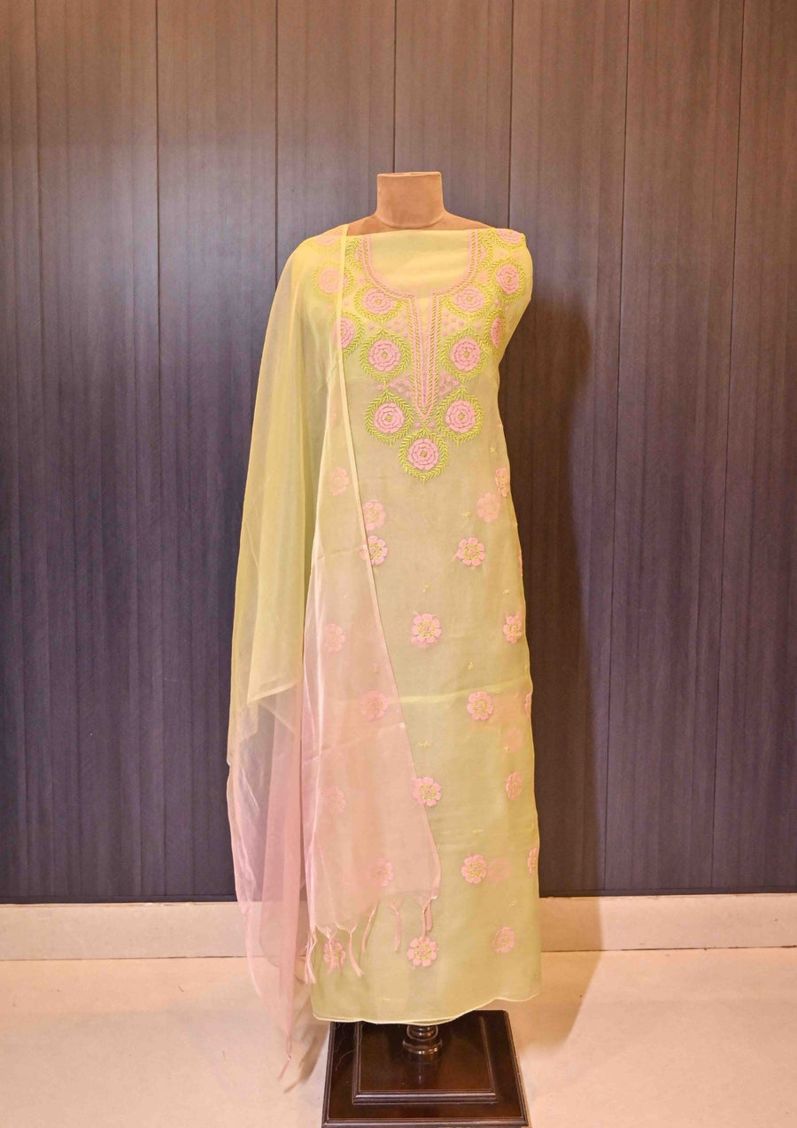 Women's Handcrafted Organza  Unstitsched Kurta And Dupatta Set - SC76142