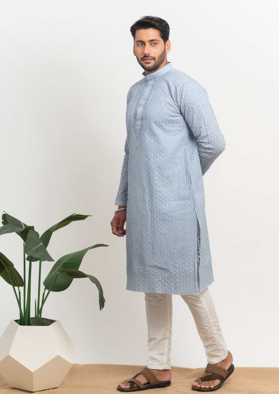 Cotton Chikankari Mens Kurta - Grey