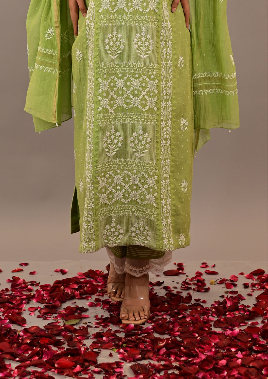 Vibrant Green Mul Chanderi Suit