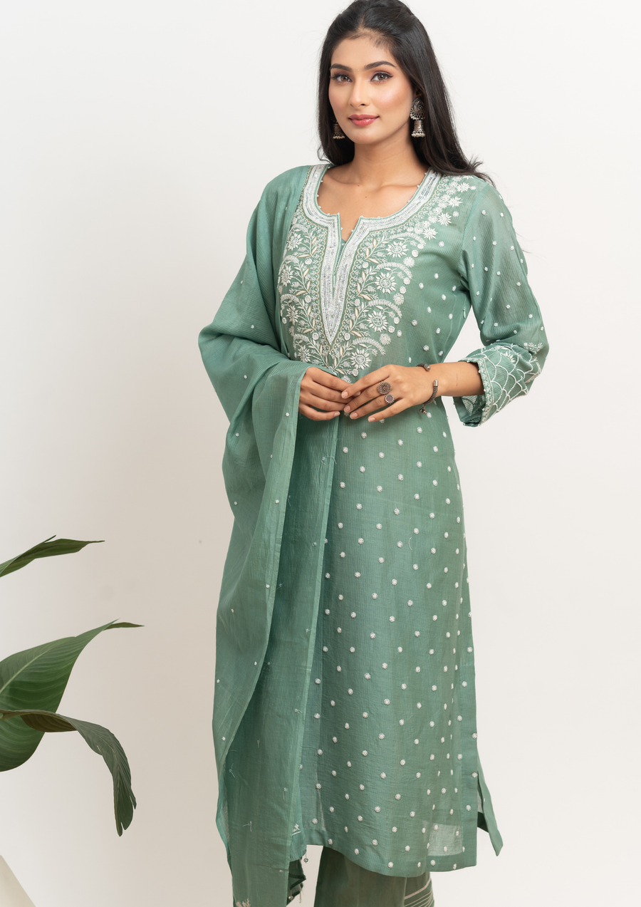 Women's Handcrafted Mul Chanderi Chikankari Kurta, Dupatta And Pant Set - English Green