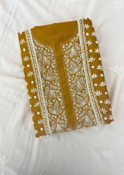 Moonga Silk Chikankari Mens Kurta - Ochre Yellow