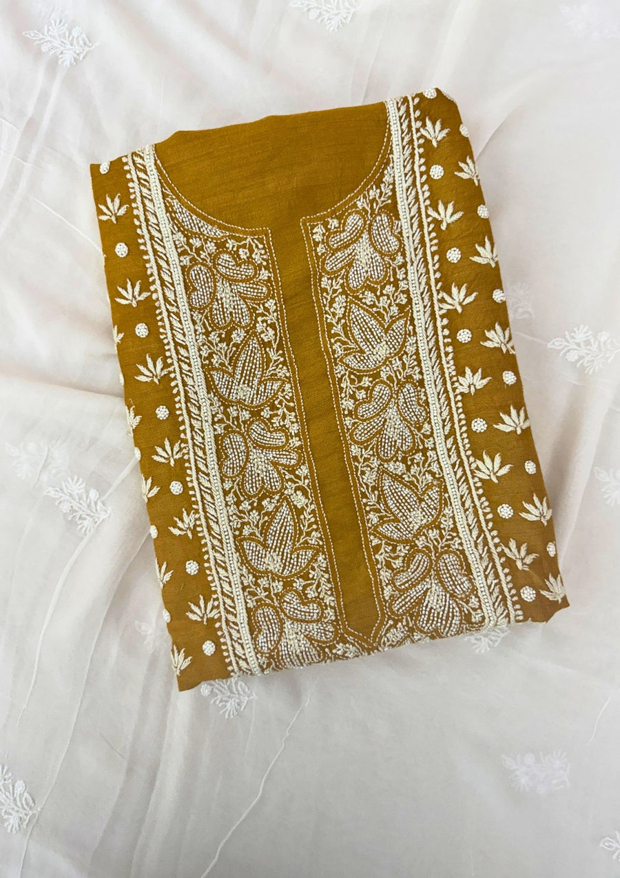 Moonga Silk Chikankari Mens Kurta - Ochre Yellow