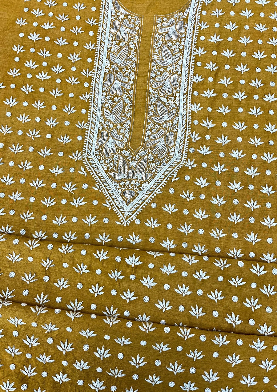 Moonga Silk Chikankari Mens Kurta - Ochre Yellow