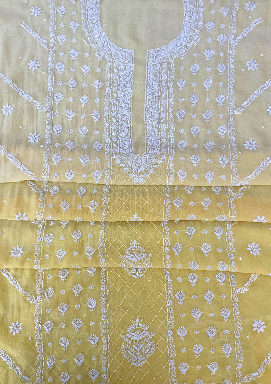 Mul Chanderi Chikankari Suit - Ombre Yellow