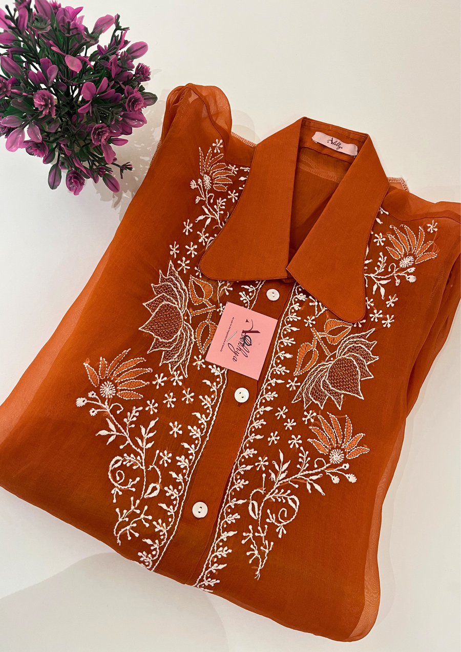 Chikankari Organza Shirt - Burnt Orange