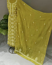 Mul Chanderi Chikankari Unstich 2pc suit - Mehendi Green