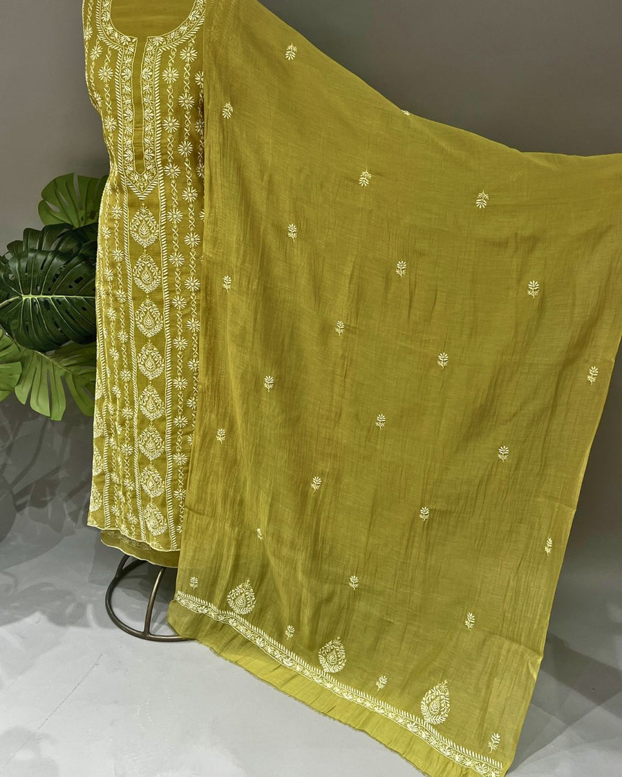 Mul Chanderi Chikankari Unstich 2pc suit - Mehendi Green