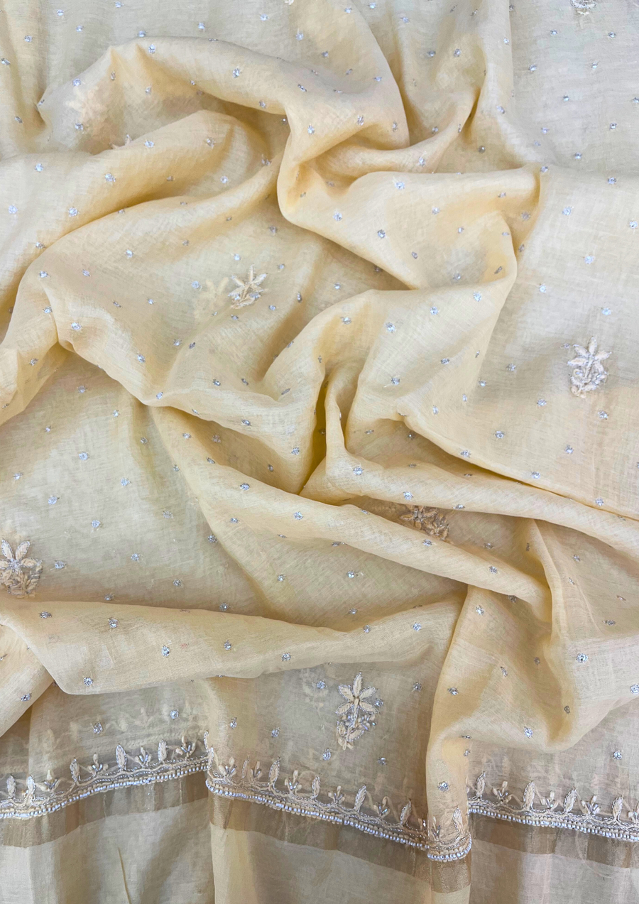 Mul Chanderi Chikankari Unstitched 2Pc Suit - Lemon yellow