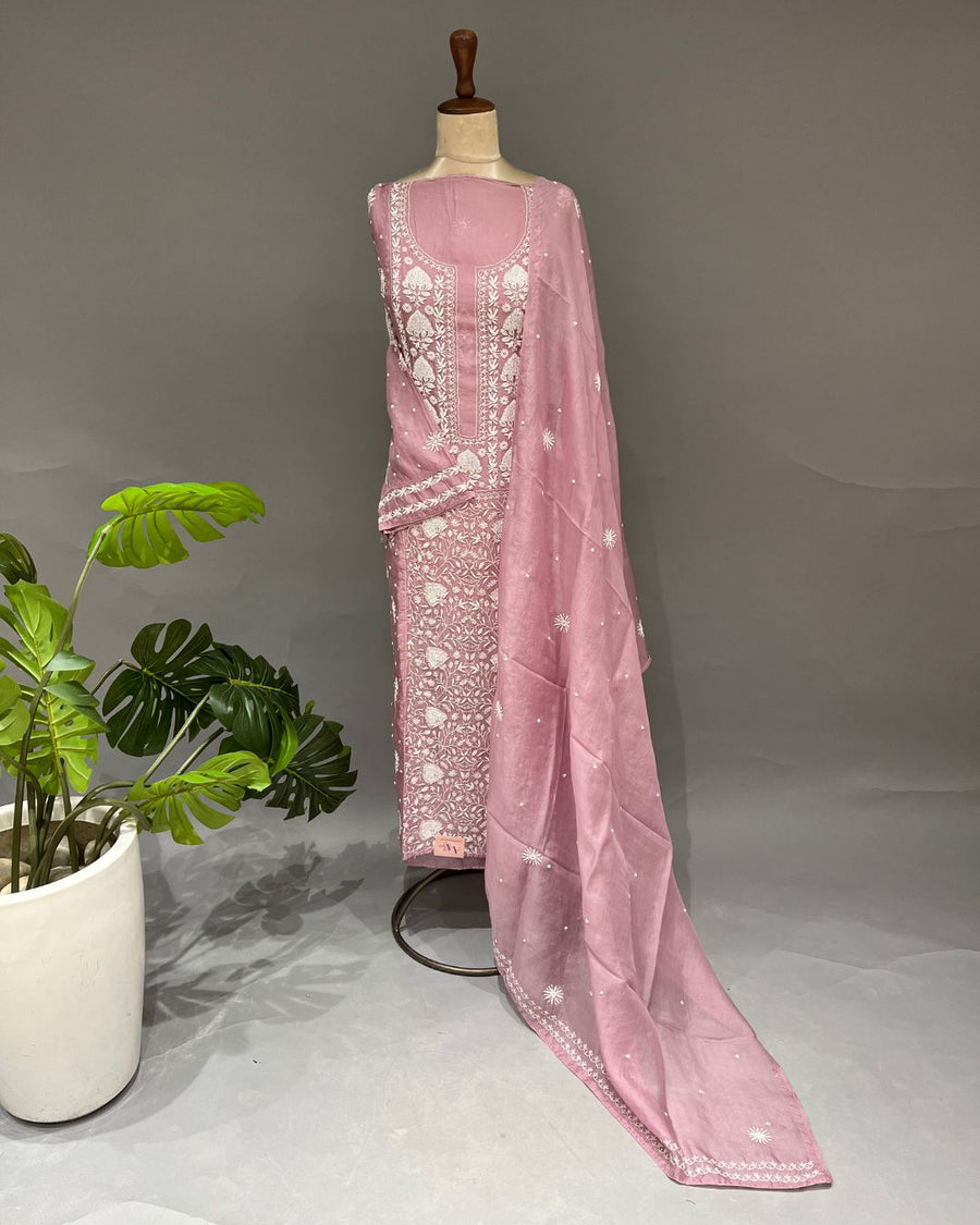 Organza Chikankari Unstitch 2pc Suit - Dusty Mauve