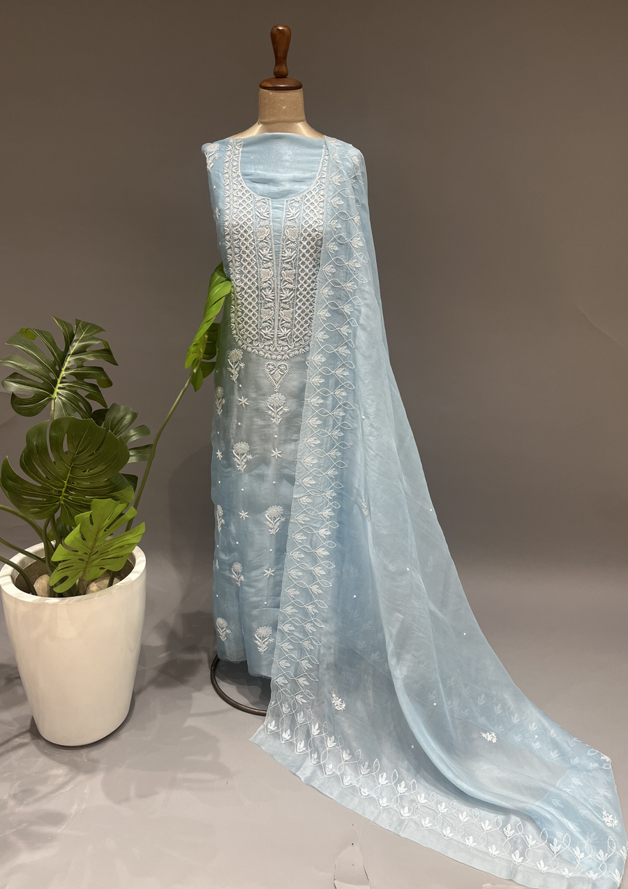 Organza Chikankari Unstitched Suit Set - Powder Blue