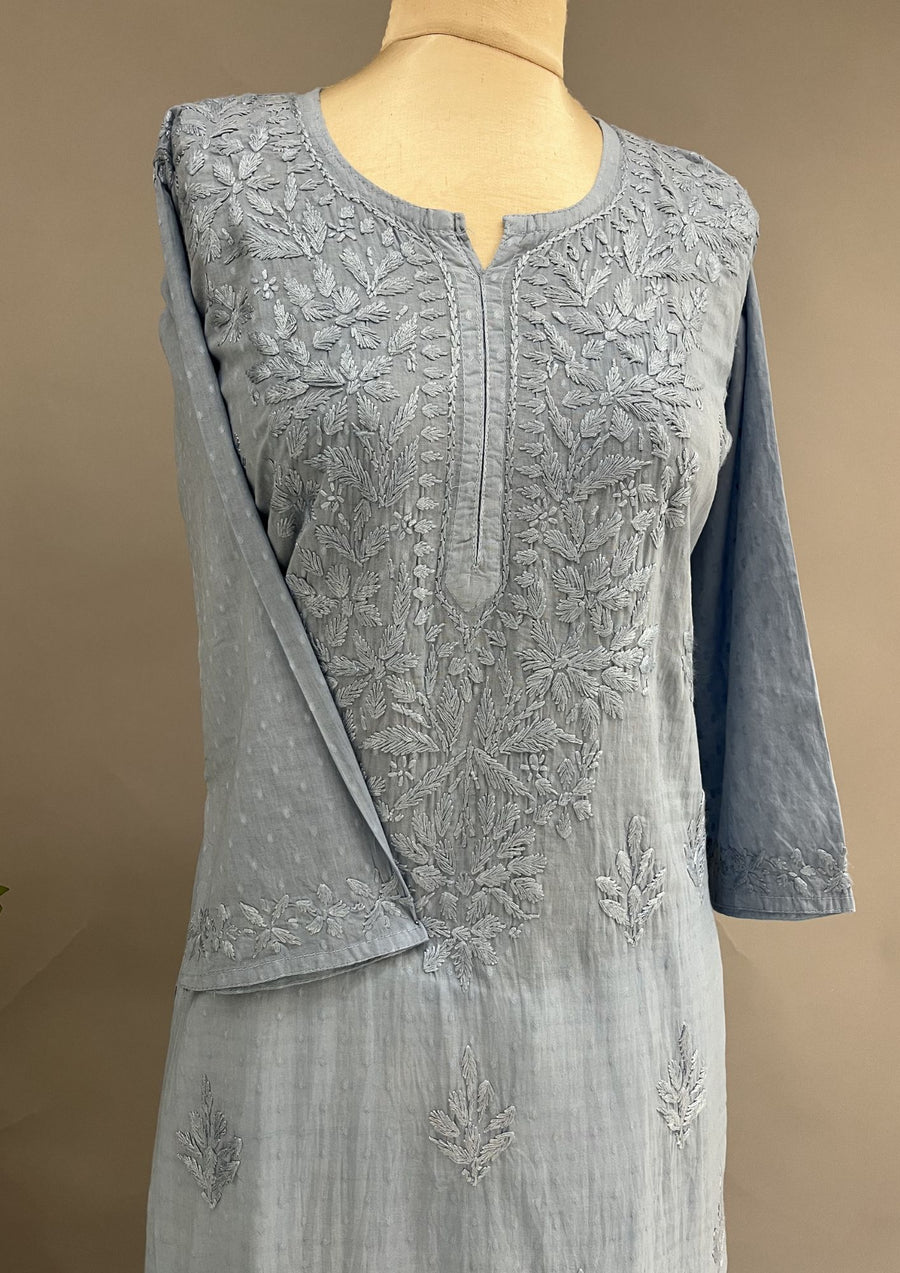 Cotton Chikankari Kurti - Cornflower Blue