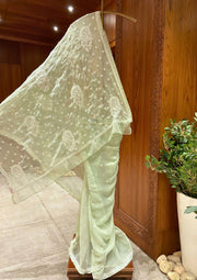 Chikan Saree Georgette - Pista Green