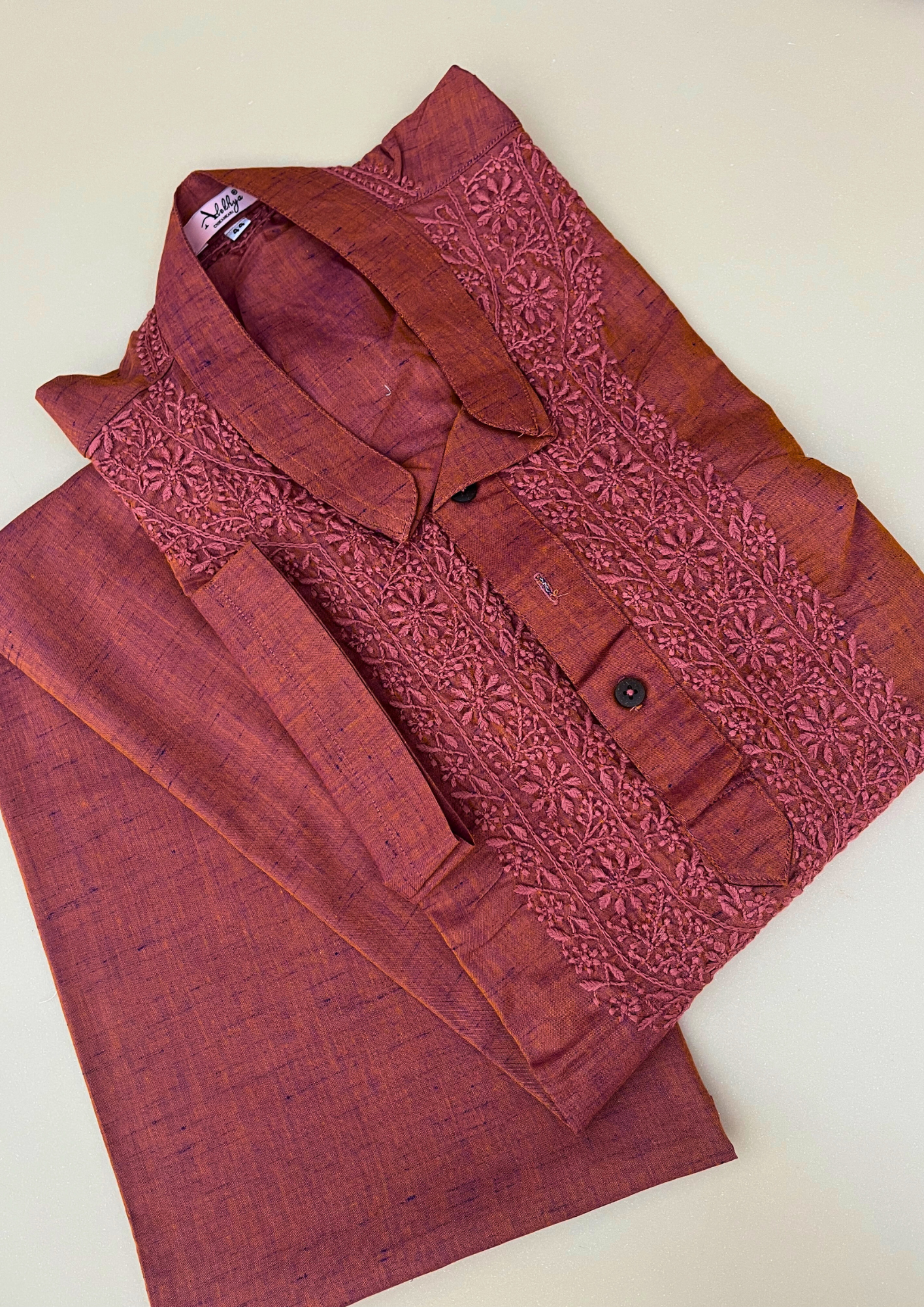 Linen Chikankari Stitched Mens Kurta- Rust
