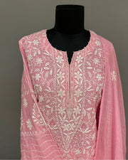 Mul Chanderi Chikankari Stitch Anarkali Set- Bubblegum Pink