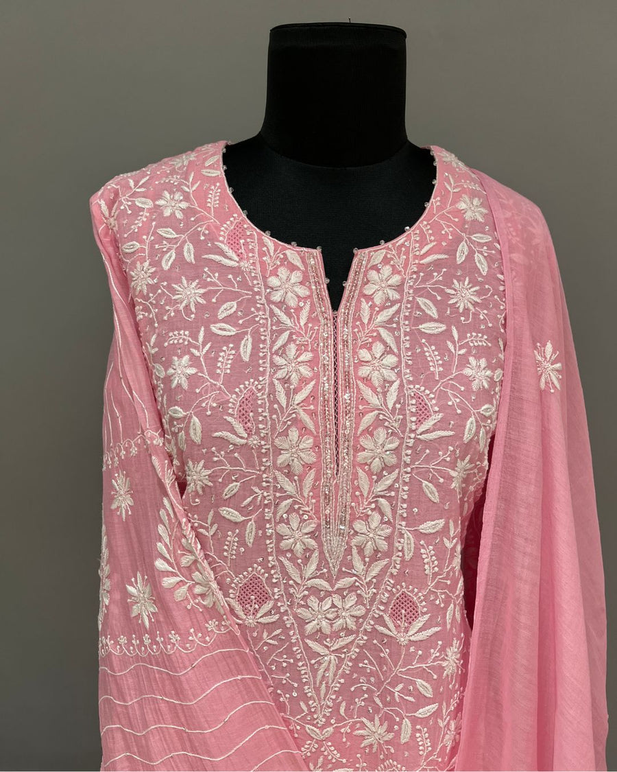 Mul Chanderi Chikankari Stitch Anarkali Set- Bubblegum Pink