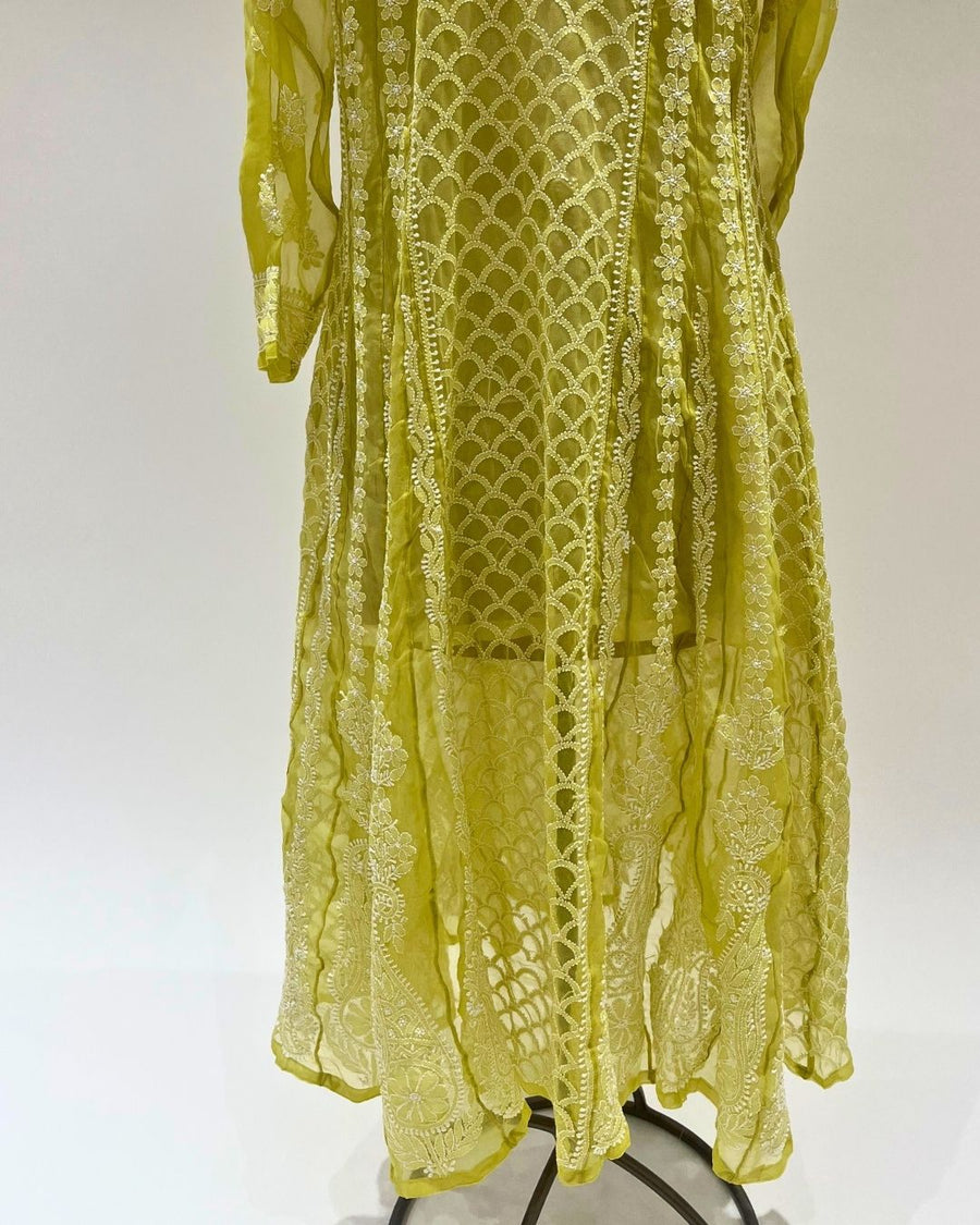 Georgette Anarkali Chikankari Kurta- Lime Green